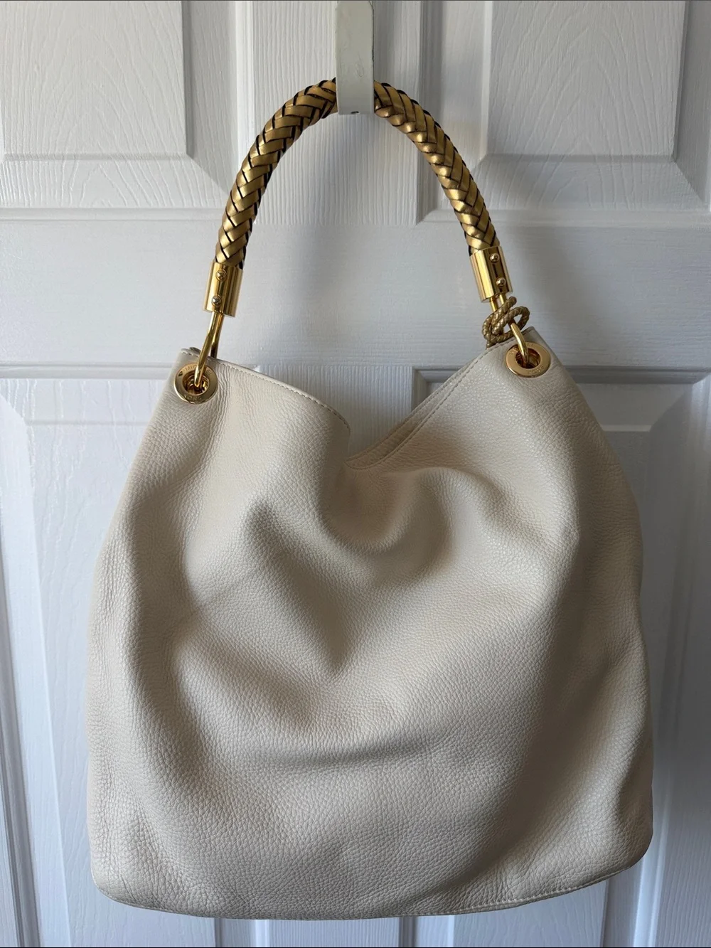 Michael Kors Cream Leather Shoulder Hobo with Gold Braided Handle